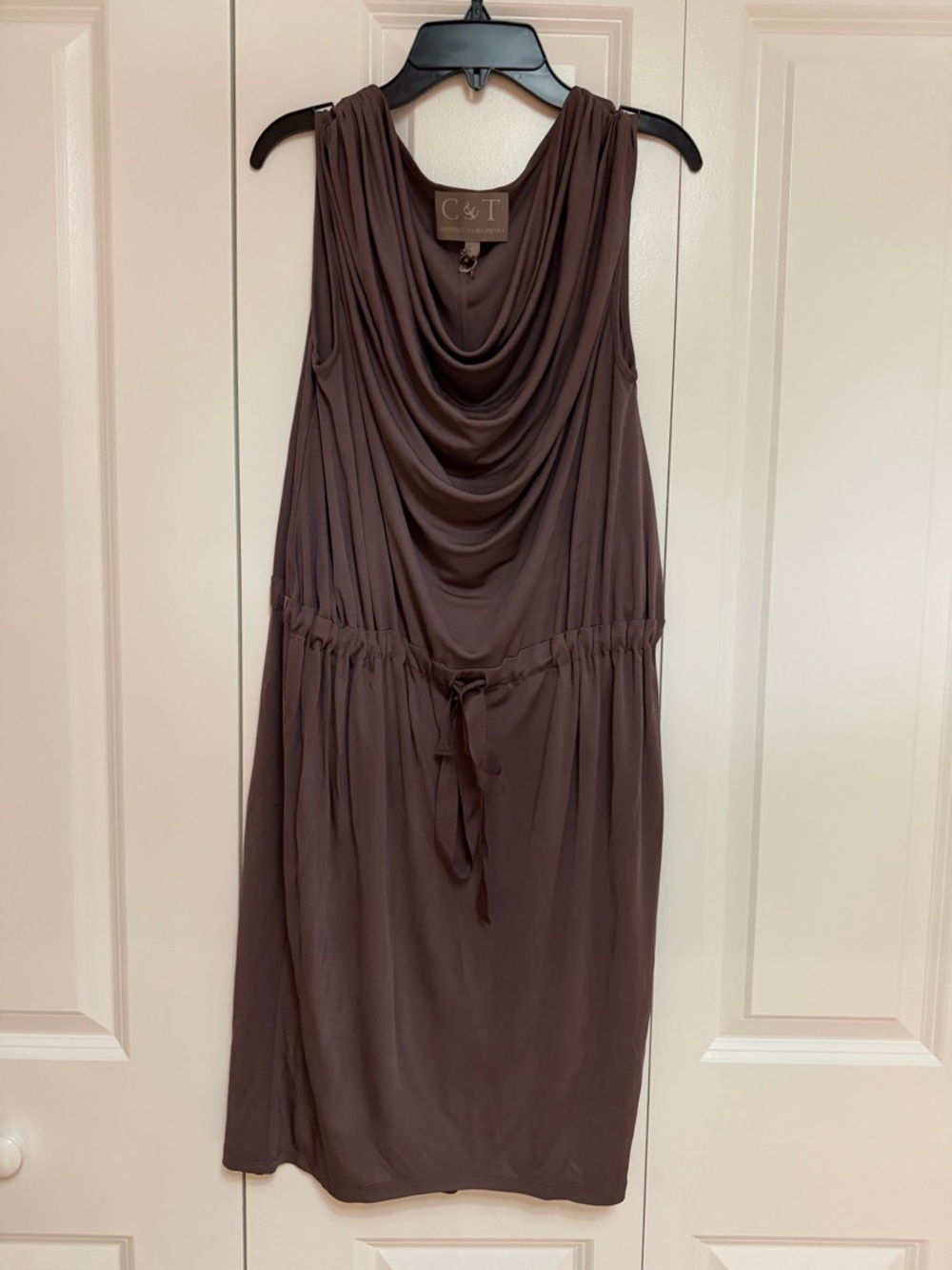 C&T Costello Tagliapietra Brown Draped Dress Size 4 Sleeveless Tie Waist